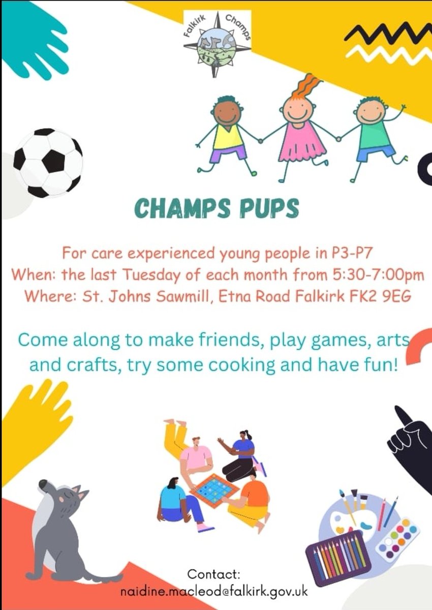 Do you know anyone that's Care Experienced 7 years or over? Do you think they might want to join us at the Champs Pups? This is a small youth led group that meet once a month, mostly for fun and games. For more Info please get in touch. <a href="/falkirkcouncil/">Falkirk Council</a>