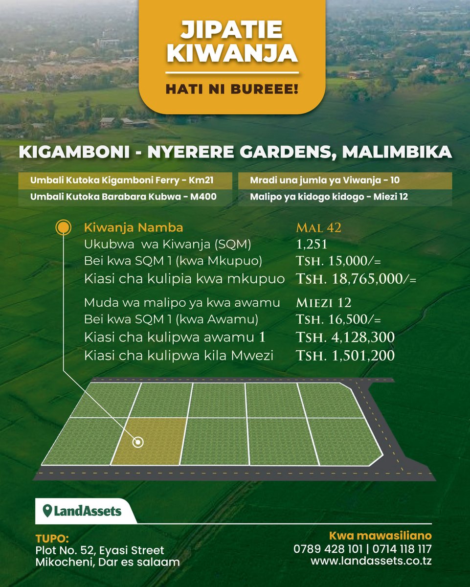 landassets_tz's tweet photo. Wahi sasa viwanja vimebaki vichache
- Malipo ni Kwamkupuo pamoja na kwa Awamu
- Muda wa malipo ya kwa awamu ni miezi 12

Wasiliana Nasi
0762 860 416 | 0789 428 101
sales@landassets.co.tz
https://t.co/vv0sTaCo2L

Ukiona Tangazo hili mfahamishe na mwenzako.
#landassets #viwanja https://t.co/FaActneZgB
