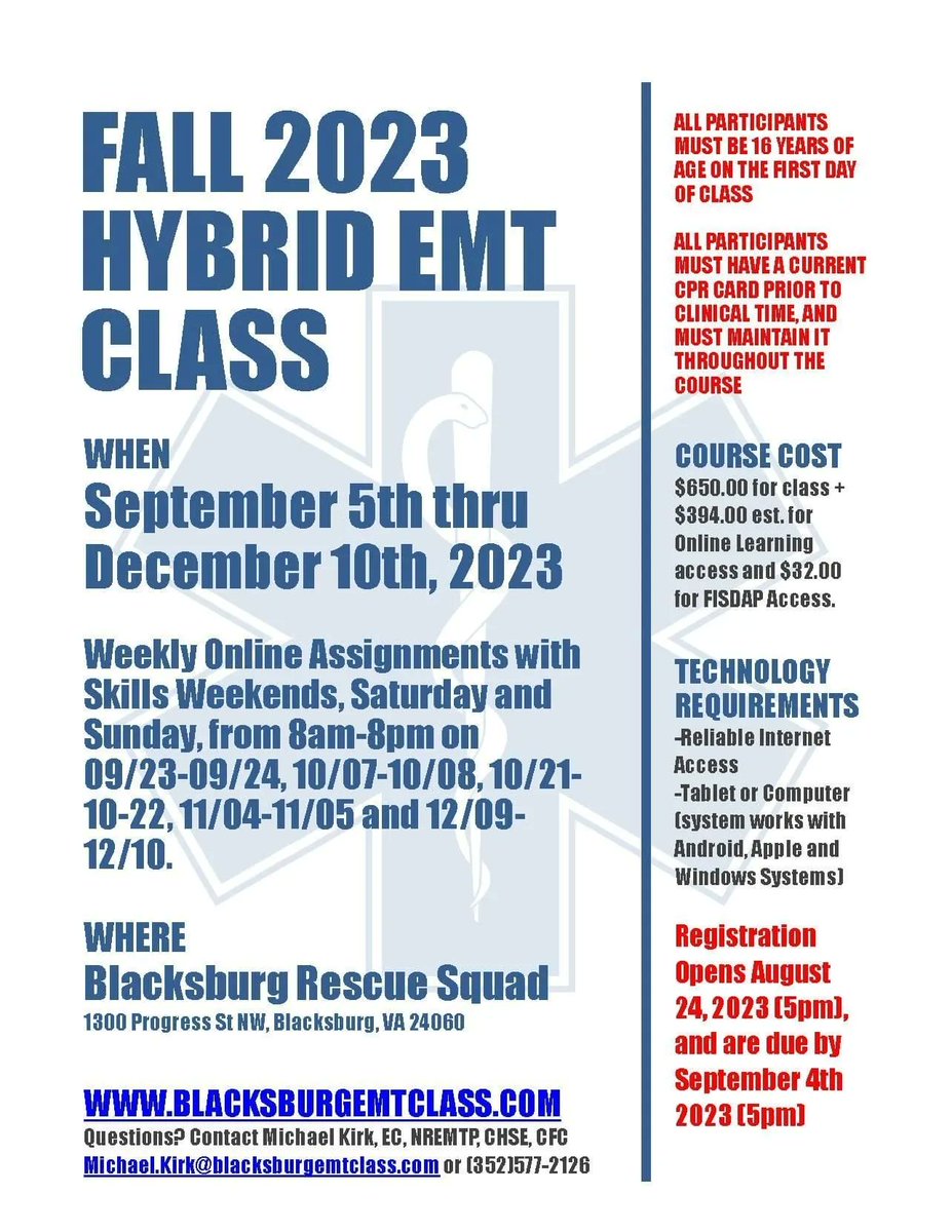BburgVolRescue's tweet image. Become an Emergency Medical Technician? Apply today for our Fall Hybrid EMT Class! Registration closes on Monday, September 4th. bit.ly/2IPBmRx 

#EMTClass #EMS #emseducation #NREMT