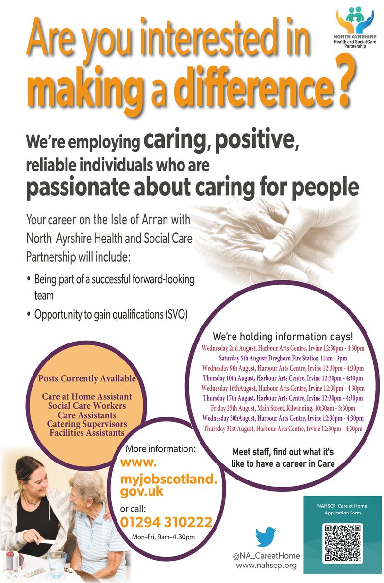 NAHSCP's tweet photo. Would you like to work on the beautiful Isle of Arran? We're holding mainland recruitment sessions this week for anyone interested in finding out more about becoming a Care at Home Assistant, Social Care Worker, Care Assistant, Catering Supervisor or Facilities Assistant. https://t.co/BrsHxjRhHp