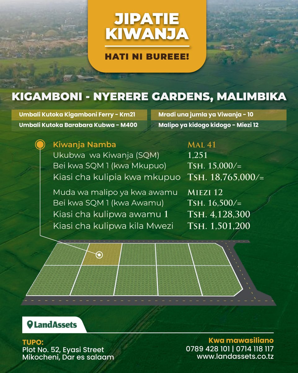 landassets_tz's tweet photo. Wahi sasa viwanja vimebaki vichache
- Malipo ni Kwamkupuo pamoja na kwa Awamu
- Muda wa malipo ya kwa awamu ni miezi 12

Wasiliana Nasi
0762 860 416 | 0789 428 101
sales@landassets.co.tz

Ukiona Tangazo hili mfahamishe na mwenzako.
#landassets #viwanja #realestate https://t.co/T8XBYElRma