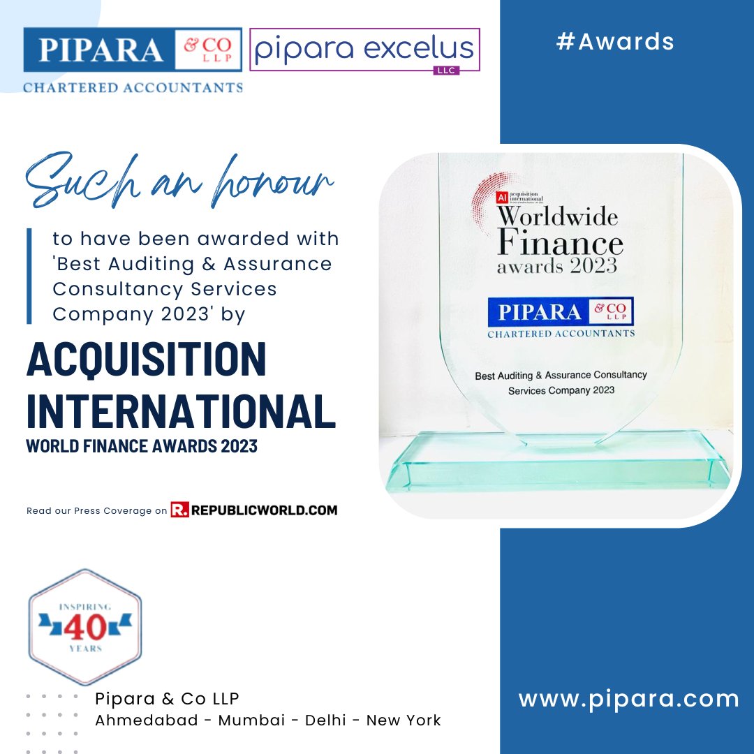 GyanBPipara's tweet photo. It gives me immense pleasure to inform that Pipara &amp; Co LLP has been awarded the 'Best Auditing &amp; Assurance Consultancy Services Company 2023' at the Worldwide Finance Awards 2023, organised by @acquisition_int , U.K. 

Check our press coverage:
https://t.co/wbk3IdUFB2 https://t.co/bKth4QUmGO