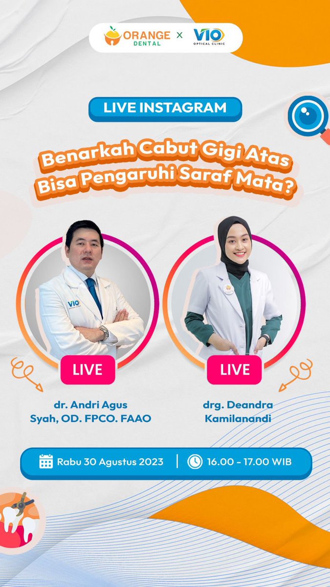 DrgDeandra's tweet photo. Untuk teman2 yang penasaran apakah benar cabut gigi atas bisa pengaruhi saraf mata atau tidak, bisa join livenya yaa! Hari Rabu tanggal 30 Agustus di jam 16.00-17.00 di instagram Orange Dental House! See you guys! 😃
#doktergigi #cabutgigi #mitosgigi https://t.co/IwHCgF3Xmg