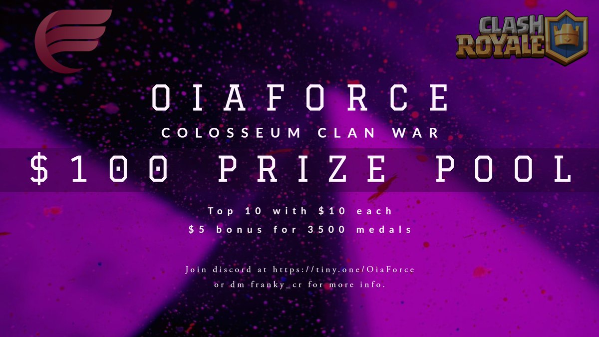 oiaforce's tweet photo. Join us this week for the $100 prize pool with bonus 💰💰💰Pro/Semi-Pro players with level 15 King and Evos. Join discord https://t.co/pCYUtNBQdq or dm me franky_cr to apply.

#ClashRoyale https://t.co/OU8yy7cxWd