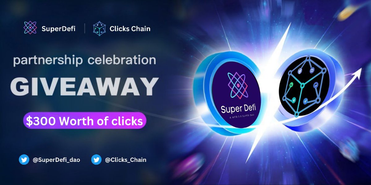 SuperDefi_Dao's tweet photo. 🤝 New Partnership Announcement With @Clicks_Chain

🎁 Giveaway Total :- $300 In $Clicks

1️⃣ Follow @Clicks_Chain & @SuperDefi_Dao
2️⃣ Like, RT and Tag 3 Friends 
3️⃣ Must Join Our Telegram
https://t.co/UNMv8qxQDu
4️⃣ Join Project Telegram Channel
https://t.co/2BmM1Fg6x8
5️⃣ Join Project Telegram Group
https://t.co/n79ZxysMvd

📝 Learn More About Our Partnerships And How Clicks Is revolutionising The Social Media landscape
📎 https://t.co/MFyJShcSwz

Ending Time :- 78 Hour's ⏳