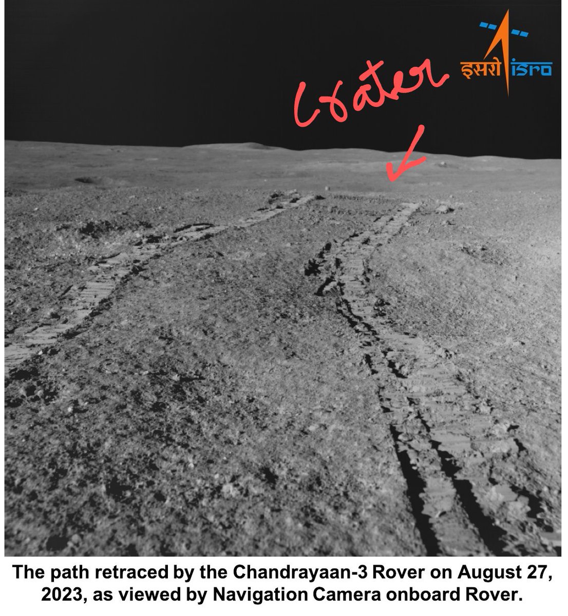 rocketgyan's tweet photo. We got 1st images coming from Pragyan Rover 🤯

Chandrayaan 3 rover encountered a big 4m crater &amp; has retraced its path back to Safety

ISRO is demonstrating Rover's Path tracking &amp; planning technology &amp; the software is working flawlessly 🥳
#Chandrayaan3  #isro #PragyanRover https://t.co/St6mKuMpiC