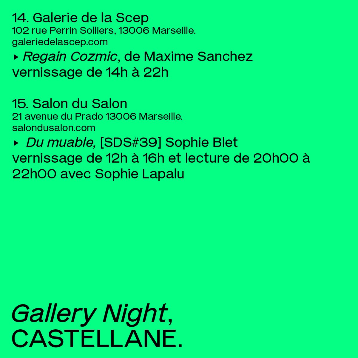 PacProvence's tweet image. #SAVETHEDATE

Gallery Night le 2 Septembre. Les expositions et performances des quartiers Castellane et Malmousque pour la nocturne des galeries du réseau PAC !

Infos : p-a-c.fr/les-membres/pa…