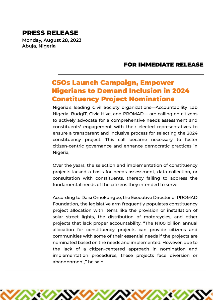 promadng's tweet photo. Monday, August 28, 2023
Abuja, Nigeria
For Immediate Release
@promadng, @accountlabng, @budgitng & @CivicHive launch campaign, empower Nigerians to demand inclusion in 2024 constituency project nominations #ConstituencyProjects
@luminategroup @seunonigbinde @ogpnigeria https://t.co/vMYf1qYO4t