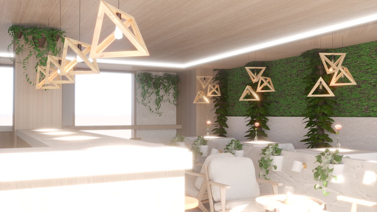Creanavarra's tweet photo. ¡Espacios con encanto! Dentro de la asignatura 'Tecnología digital aplicada al diseño' el alumnado de interiores desarrolla espacios de restauración. En este caso la alumna Ekiñe Fernández ha creado una cafetería especializada en postres veganos ¡Aquí el resultado!👇 https://t.co/nVEQM2HWaq