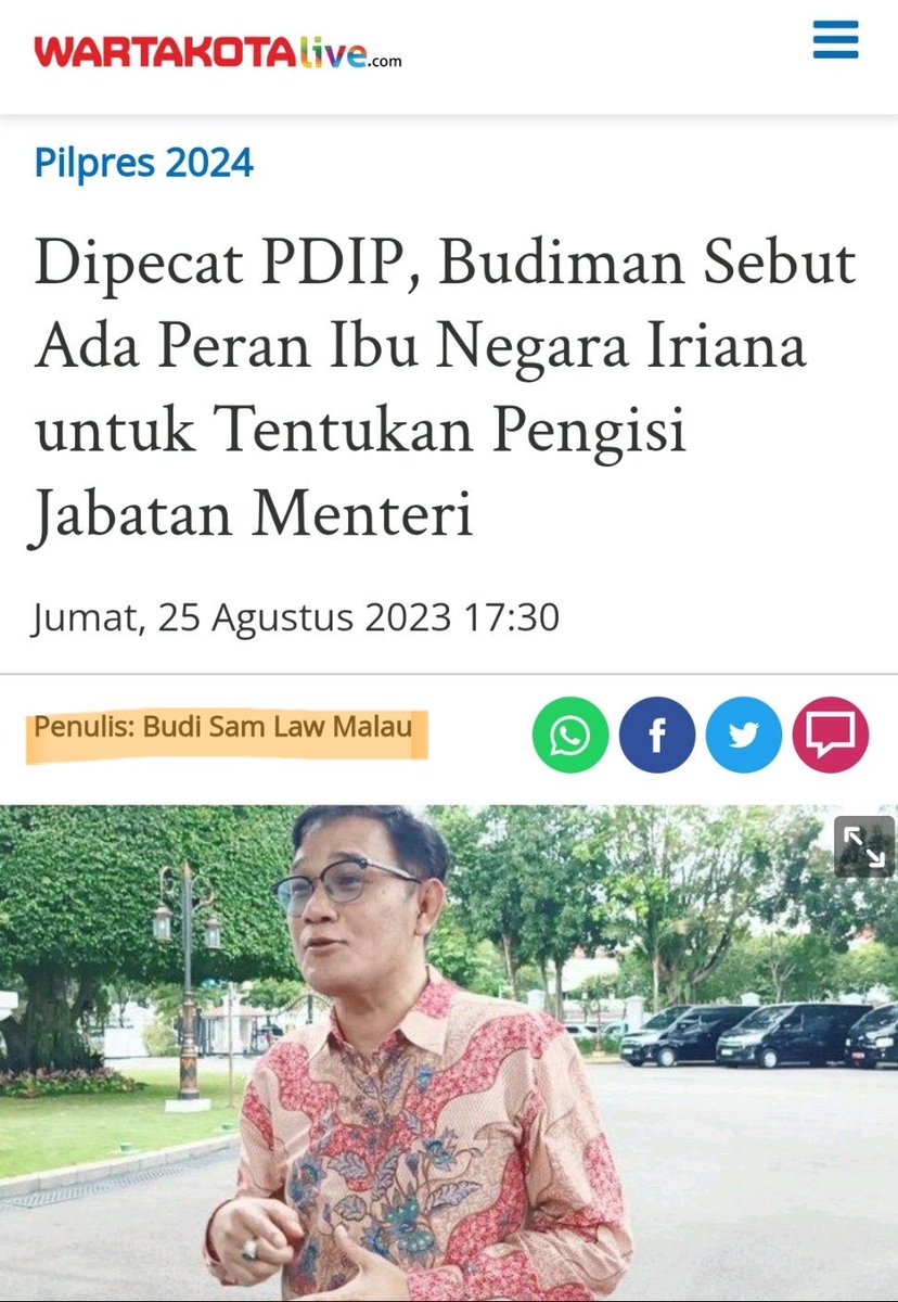 Isu atau rumor ini seperti jaman ORBA bahwa ada peran ibu negara Tien Soeharto untuk tentukan pengisi jabatan menteri.

Menurutku  ibu Iriana tidak mungkin seperti itu, Budiman salah persepsi.

Sejak dipecat dr PDIP Budiman Sudjatmiko omongannya semakin aneh2 ngelantur ke-mana2.