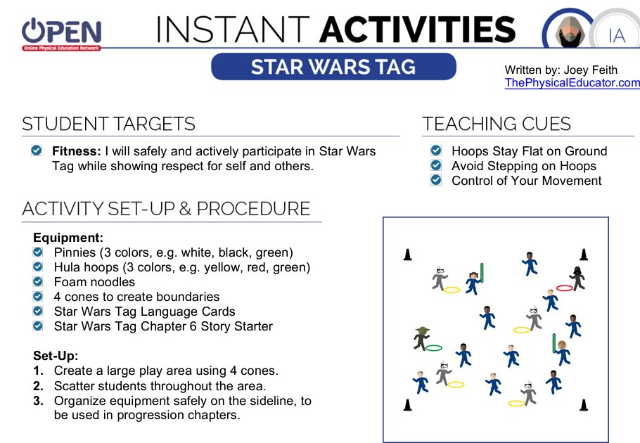 OPENPhysEd's tweet photo. Getting ready for #physed in September? Our tag game of the month is Star Wars Tag! Check out the complete plan in our Instant Activities module at https://t.co/1ERTv2PG1L.  We are #teachershelpingteachers! https://t.co/6RozRdTbHe