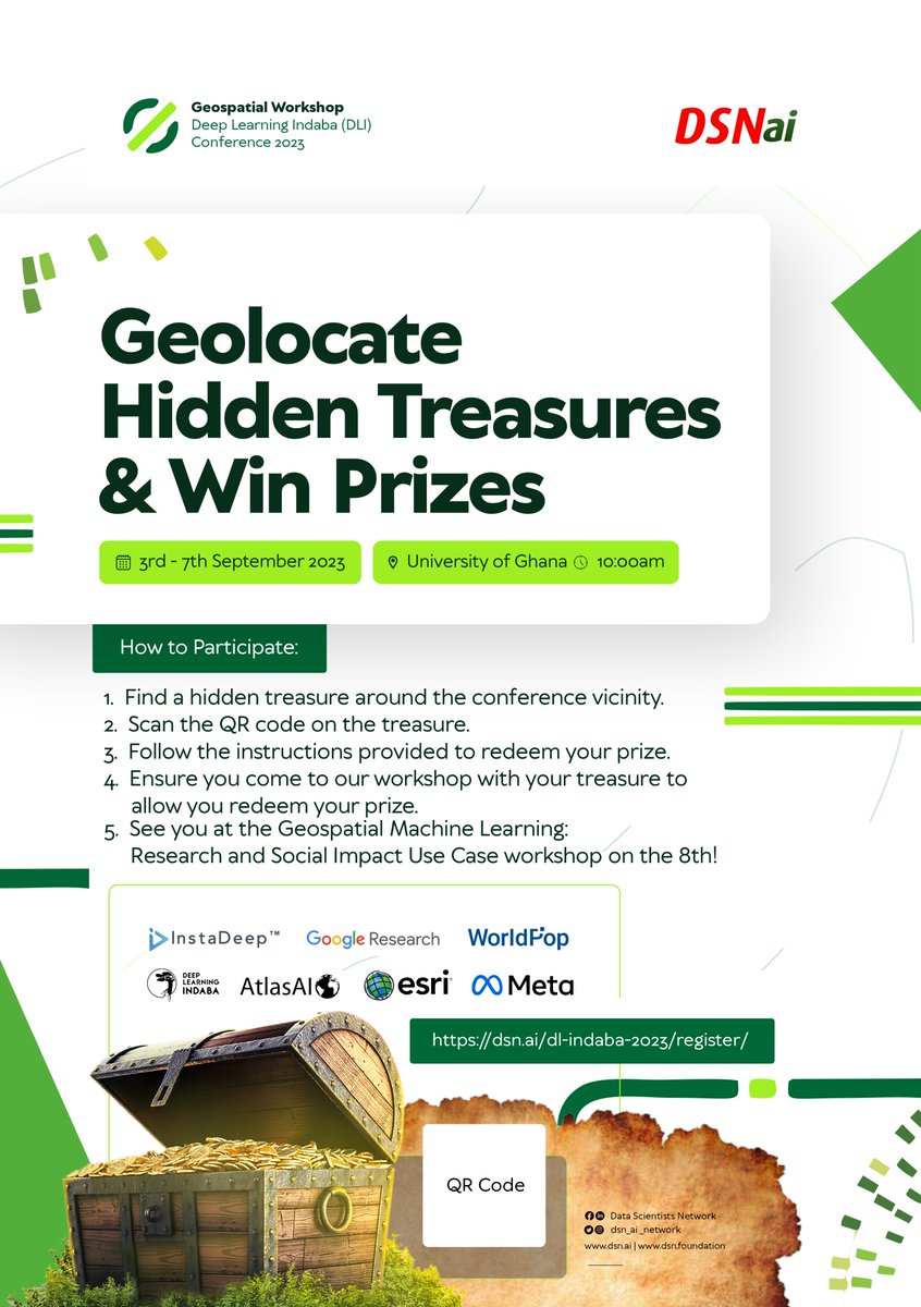 dsn_ai_network's tweet photo. Will you be present the @DeepIndaba's conference in Ghana?

Are you aware that an exciting opportunity awaits you? By becoming geo-coordinated for the @dsn_ai_network Geospatial Machine Learning Workshop, you could potentially win fantastic prizes.

Curious about how to achieve Geo coordination?

It's simple:

1. Discover hidden treasure scattered around the DLI conference venue.

2. Make sure you attend the @dsn_ai_network Geospatial workshop where you will participate in the lucky draw and win big.

Hunting Period: Sunday 3rd - Thursday 7th, September, 2023.

Learn more here>https://t.co/JGkmTvAcVD