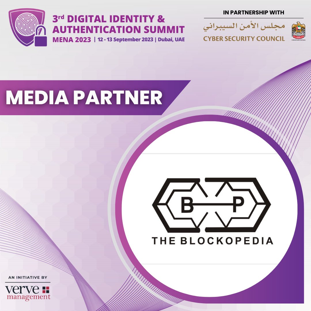 vervemgmtuae's tweet photo. Delighted to welcome on board @theblockopedia_ as an official media partner for the upcoming 3rd Digital Identity & Authentication Summit MENA. The summit is set for the 12th and 13th of September at the Grosvenor House, in Dubai, UAE.
#DIAS23 https://t.co/PPYQgQcS43