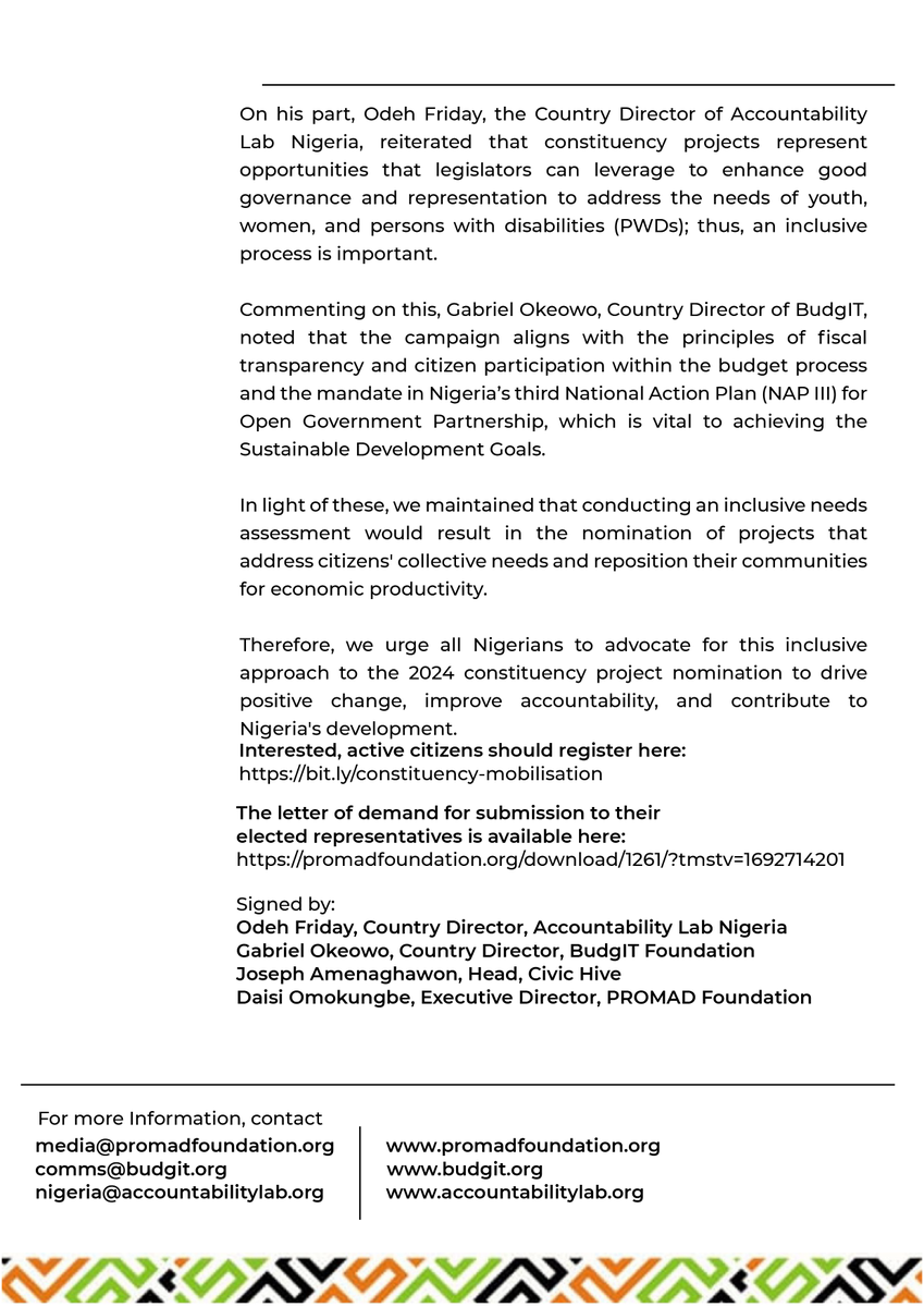promadng's tweet photo. Monday, August 28, 2023
Abuja, Nigeria
For Immediate Release
@promadng, @accountlabng, @budgitng & @CivicHive launch campaign, empower Nigerians to demand inclusion in 2024 constituency project nominations #ConstituencyProjects
@luminategroup @seunonigbinde @ogpnigeria https://t.co/vMYf1qYO4t