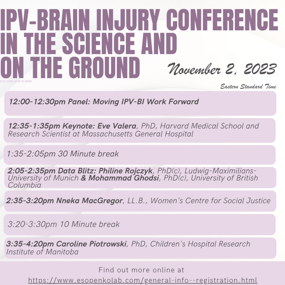 We are excited to announce the schedule for the Intimate Partner Violence-Brain Injury Virtual Conference: In the Science and On the Ground happening November 1-2, 2023. Registration is free!! Schedule: esopenkolab.com/general-info--… Registration: forms.gle/rkEL4Wx1Tn9JX6…