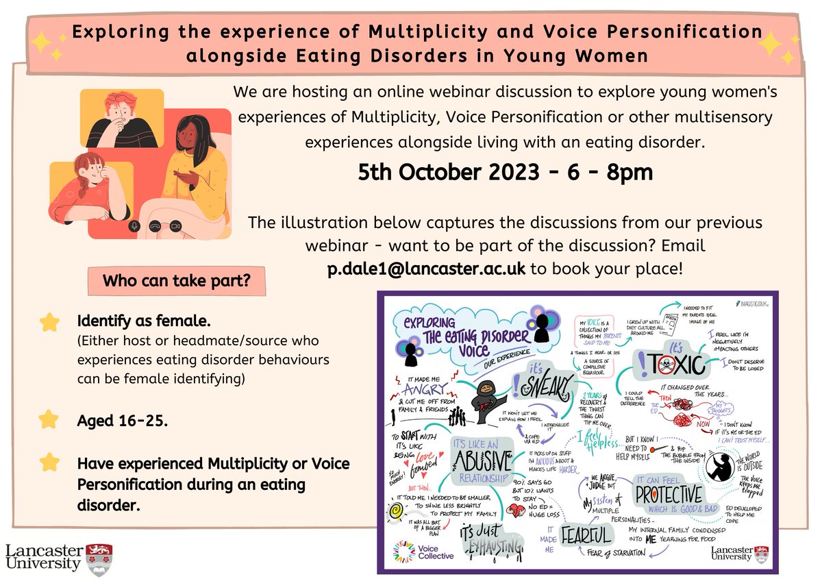 Have you experienced either #Multiplicity or Voice Personification while living with an eating disorder? Want to have your story heard? Join my webinar! 

#plurality #eatingdisorder #voicehearing #PluralTalk #Pluralgang #multiple #pluralpride #research #edresearch