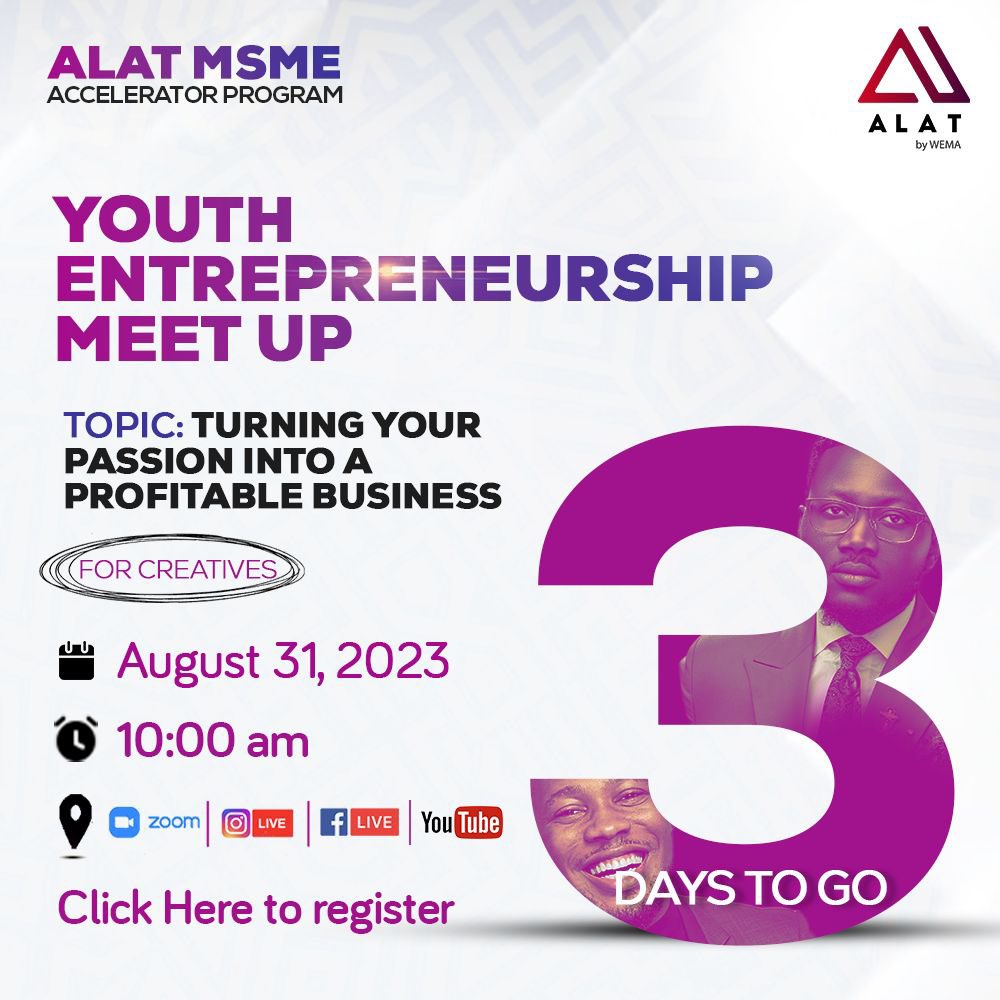 Are you a Creative, passionate about your craft but struggling to make money? Then make sure you register now! Register here: bit.ly/WemaYouthEntre… Follow @wemabank & @alat_ng Join wema entrepreneurs community. #WemaCreativesWebinar