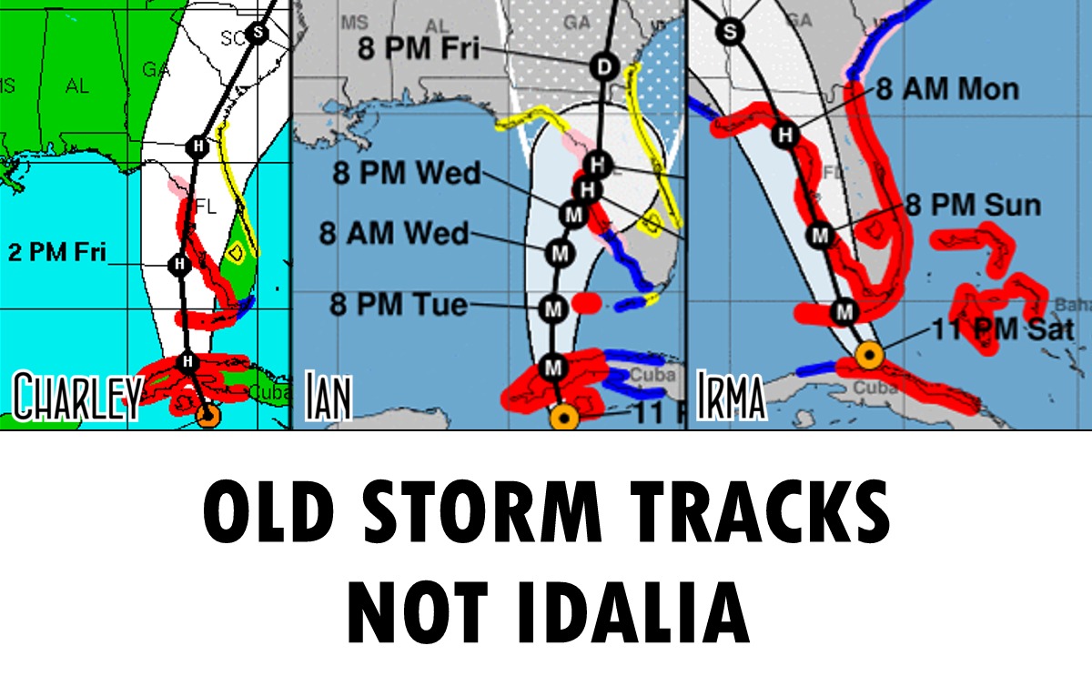 A look at history. The cone is anywhere the eye can go. Hazards exist well outside the cone. Charley, Irma, Ian all forecast to hit the Tampa Bay area a couple days before landall. All turned inside the east side of the cone. Stay alert. Nothing ever is a given.