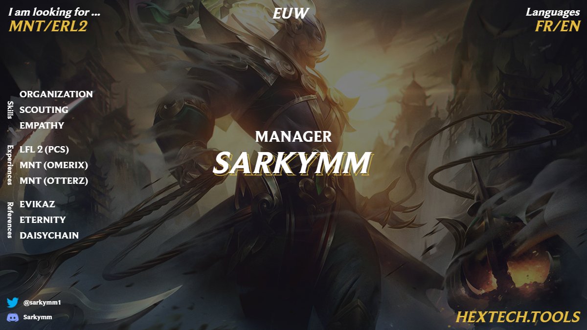 I’m now LFT for 2024 !  

Mainly interested in Manager position in LFL2/MNT, I’m open to consider any offers ! 

You can contact me on Twitter or Discord !
  
Likes &amp; RT much appreciated ❤️
