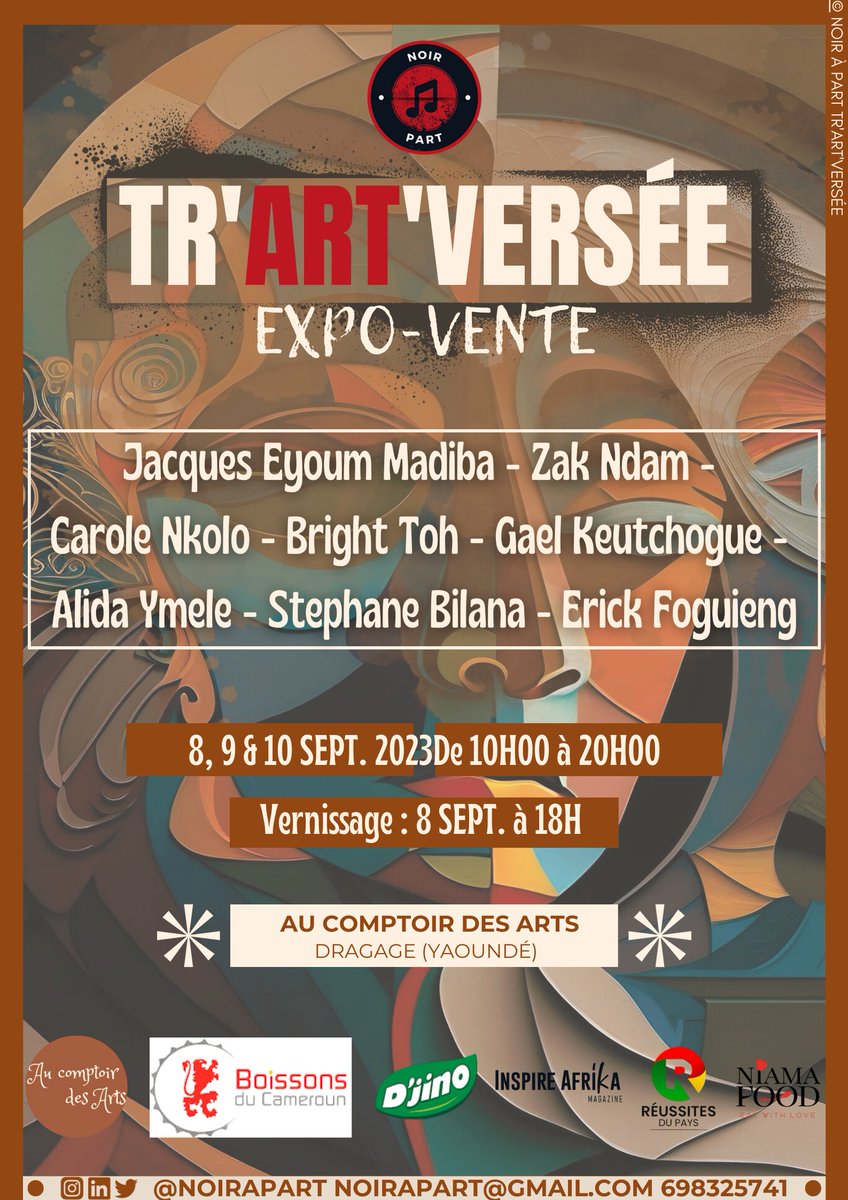 Une exposition et un vernisage pour les amoureux de l'art se tiendra à Yaounde du 8 au 10 septembre prochain. 
L'évènement organisé par @noirapart mettre en vedette des artistes camerounais. 

@noirapart 

#art #vernisage #culture #camerounais