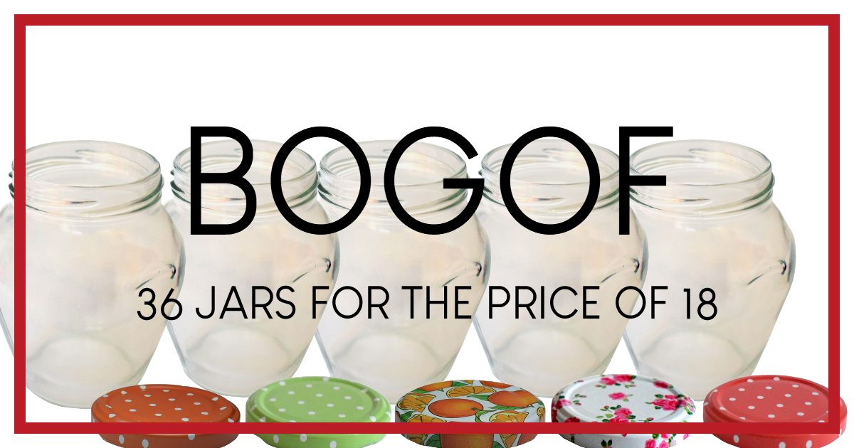 BOGOF!

It's our Bank Holiday BOGOF Deal

Get 36 Orcio 370ml Jars for the price of 18

Choose from any of our patterned lids and that allotment glut will be dealt with in no time.

lovejars.co.uk/shop/catalogue…

#bogof 
#jamjars
#allotmentlife