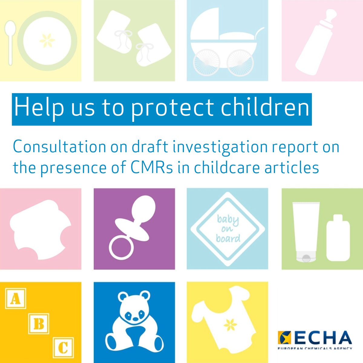 EU_ECHA's tweet photo. We have prepared a draft investigation report on the presence of carcinogenic, mutagenic and reprotoxic substances in childcare articles. #EUHaveYourSay by 29 September 2023 and help the 🇪🇺 Commission in preparing a restriction proposal.

🔗 https://t.co/SJjoW68H9o https://t.co/23X592IC4p