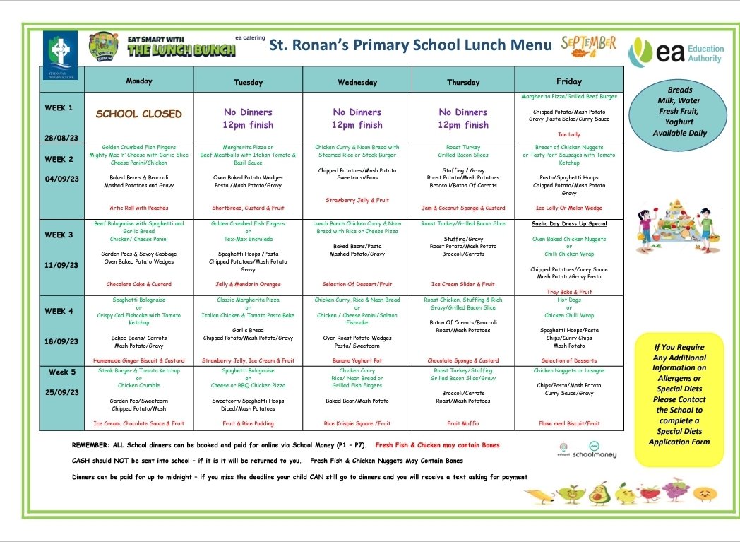 Dinners Sept 2023...remember to book and pay using <a href="/Eduspot_UK/">Eduspot</a> #SchoolMoney. 
SPECIAL DINNER.. Fri 15th Sept our GAA dress up day...