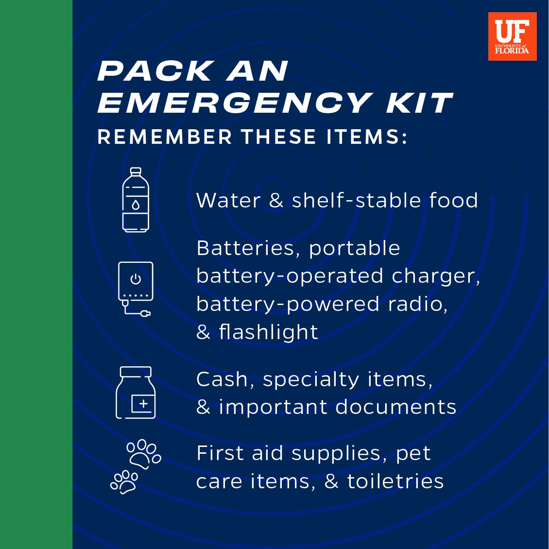 As you prepare for Tropical Storm #Idalia: ➡️ Stock an emergency kit ⛽️ Fuel your vehicle 📞 Inform friends and family of your plan 🪴 Remove/secure outside items 💻 Monitor ufl.edu, UF social, @UFAlert, @NWS, and download the GatorSafe app