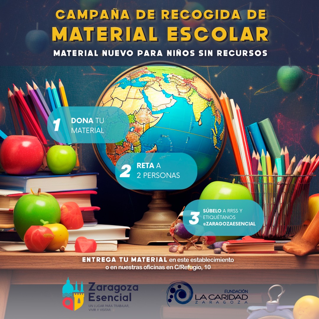 zaragoza_es's tweet photo. .@ZEsencial impulsa una campaña de recogida de material escolar para familias sin recursos. El material será donado a @FLaCaridadZgZ, que preside nuestra alcaldesa @ChuecaNatalia.
Donaciones, de material nuevo o en buen estado, en los comercios de la imagen o en C/ Refugio 10. https://t.co/qtIYVB0oRd