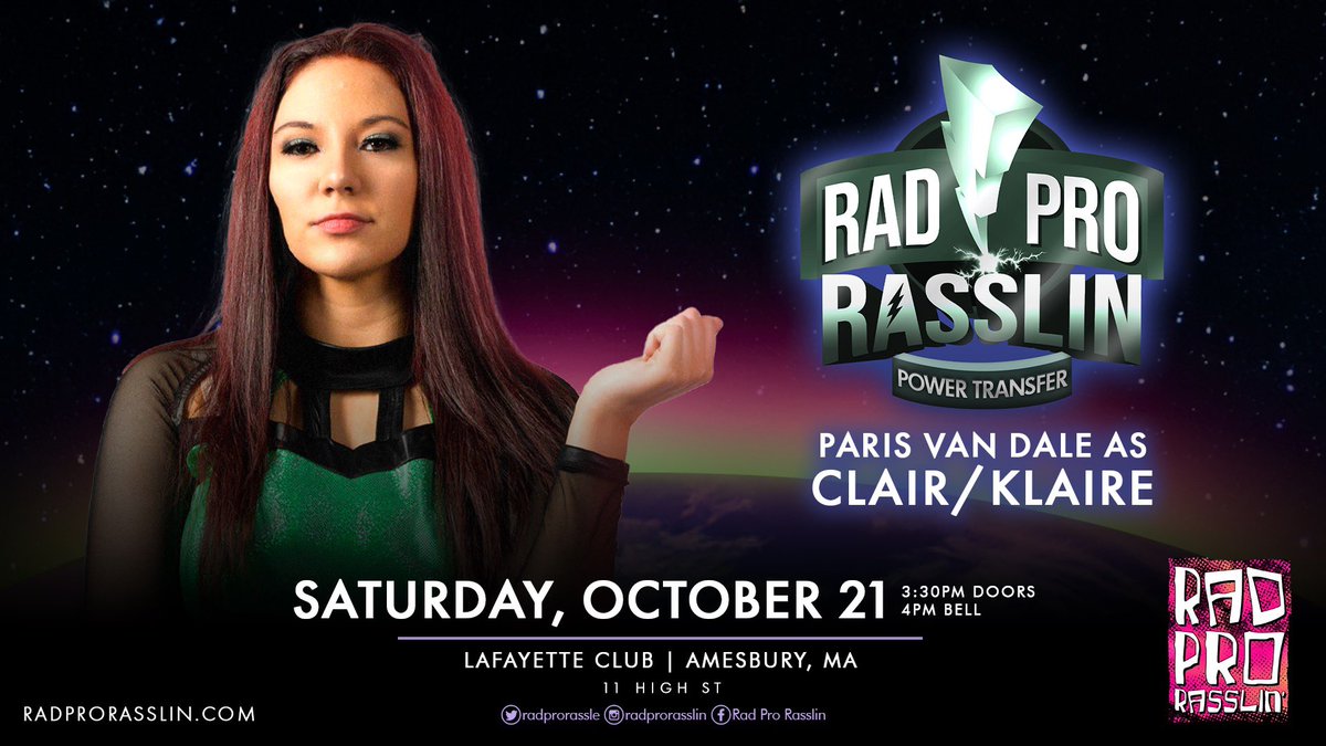 We’ve made two announcements so far for 10/21! 

Our Main Event is set
The PitBoss vs CJ CRUZZ 

And

The Debuting Clair/Klaire 

Tickets on sale now! 
Radprorasslin.com