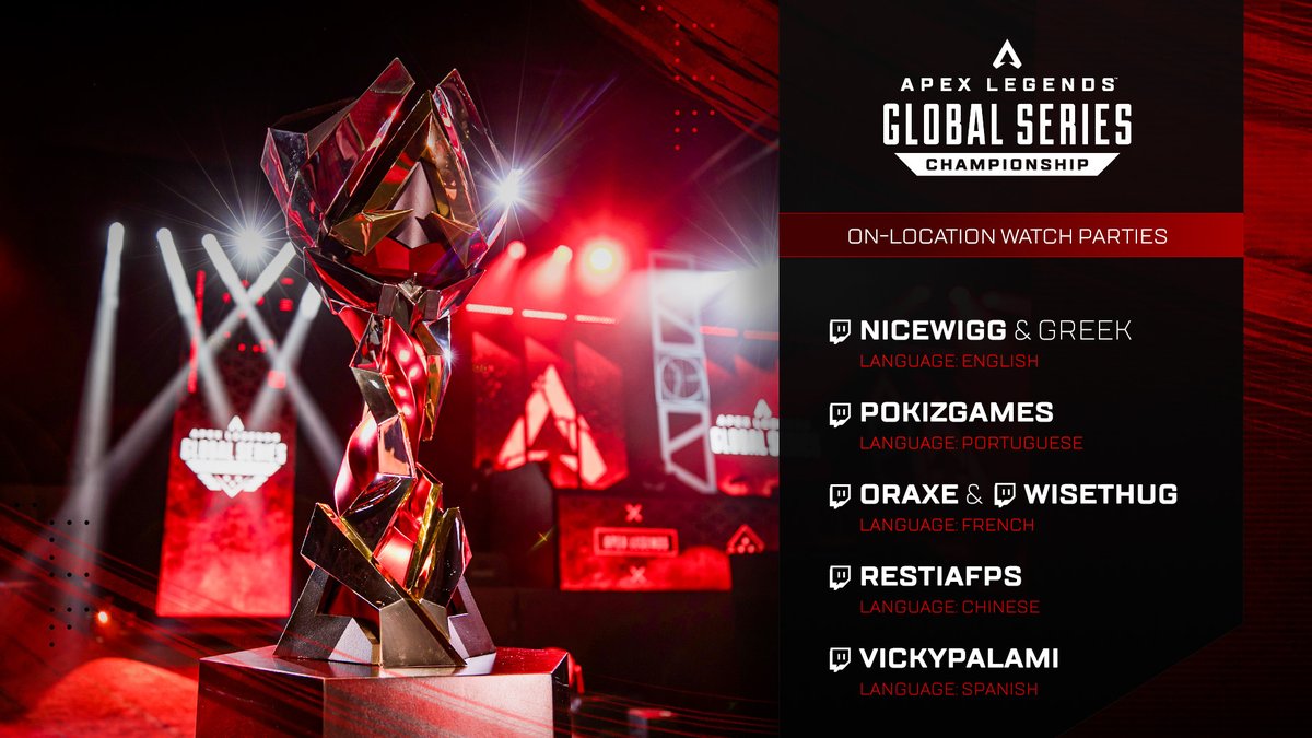 PlayApexEsports's tweet image. We're getting closer to the #ALGS Year 3 Championship.
Official Watch Party legends @NiceWigg &amp;amp; @MrGreekGod_  will be on-location covering the action once again, too!

Returning talents @pOkizGames, @oraxe_ &amp;amp; @WisethugTV, and @RestiaFPS join us - and new addition @vickypalami! 👏