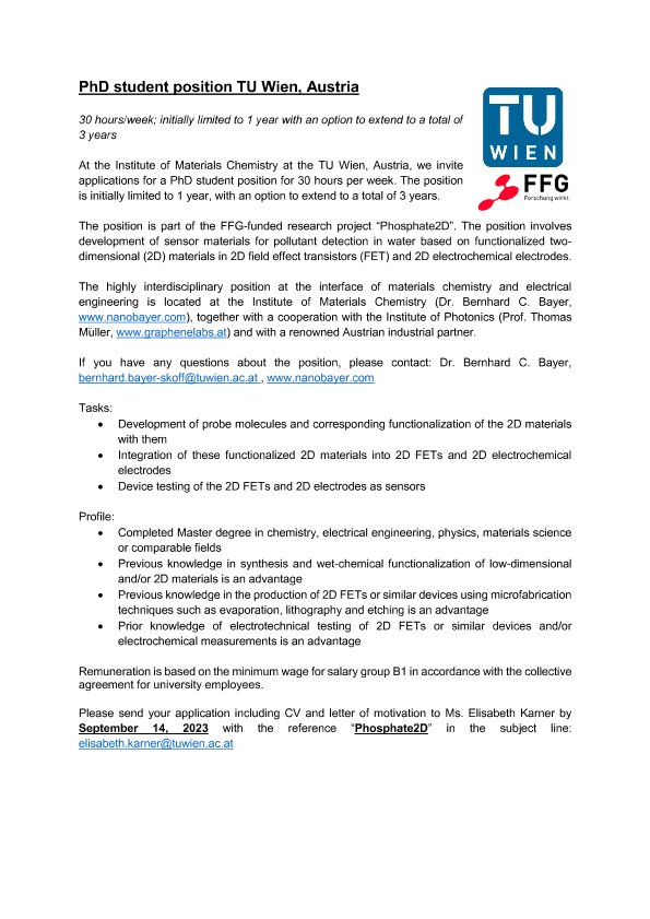 📢 #PhD position🎓 (3 years) in #2Dmaterials @tu_wien at intersection of #chemistry & #electrical #engineering: #2D #sensors for #environmental pollutants in world's most liveable city!🌍 Info: nanobayer.com & academicpositions.com/ad/tu-wien/202… Deadline 14.9.  #chemjobs