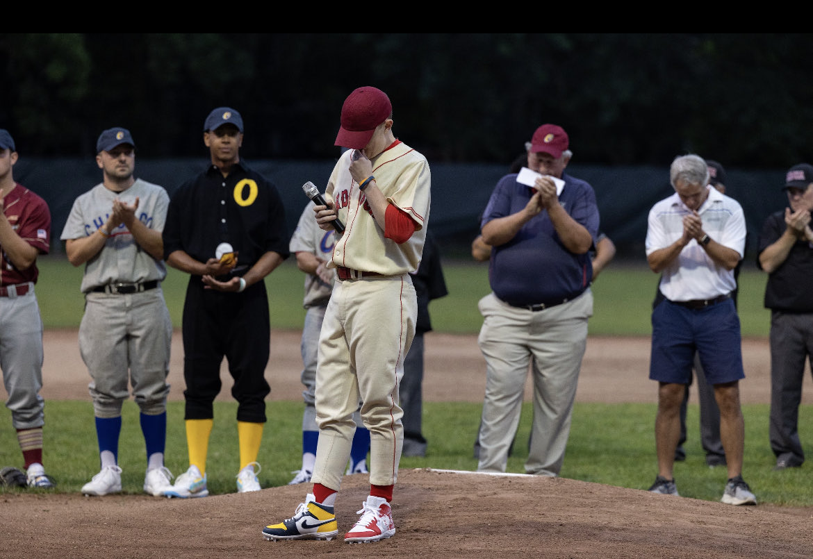 Aidan Freeburg, diagnosed with multiple sclerosis at 19, has pitched in the Oldtime Baseball Game since 2015. This year he made a pitch that we do the game for ⁦<a href="/TheBostonHome/">The Boston Home</a>⁩. His pregame remarks were moving and memorable. Way to go, Aidan. (Jason Alpert-Wisnia photo)