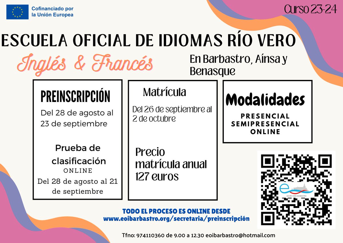 EOIBarbastro's tweet photo. ¿Te animas a estudiar #francés / #inglés?
Aquí tienes los plazos de #preinscripción , #matrícula y prueba de #clasificación.
¡Te esperamos!
#eoi #eoisaragon https://t.co/KFp6fQ64rW