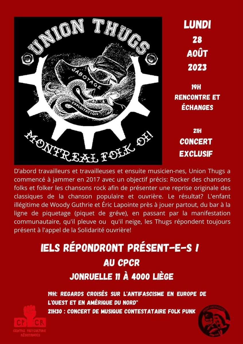 DureRealite's tweet photo. Ce soir, les Union Thugs poursuivent leur tournée européenne à Liège, en Belgique, aux côtés du Front AntiFasciste Liège. Ça se passe à 19h au Centre PolyCulturel Résistances.

#thugsontour #unionthugs #liege #belgique #antifa #folkpunk #workingclass #durerealite https://t.co/RI67IJQcaQ