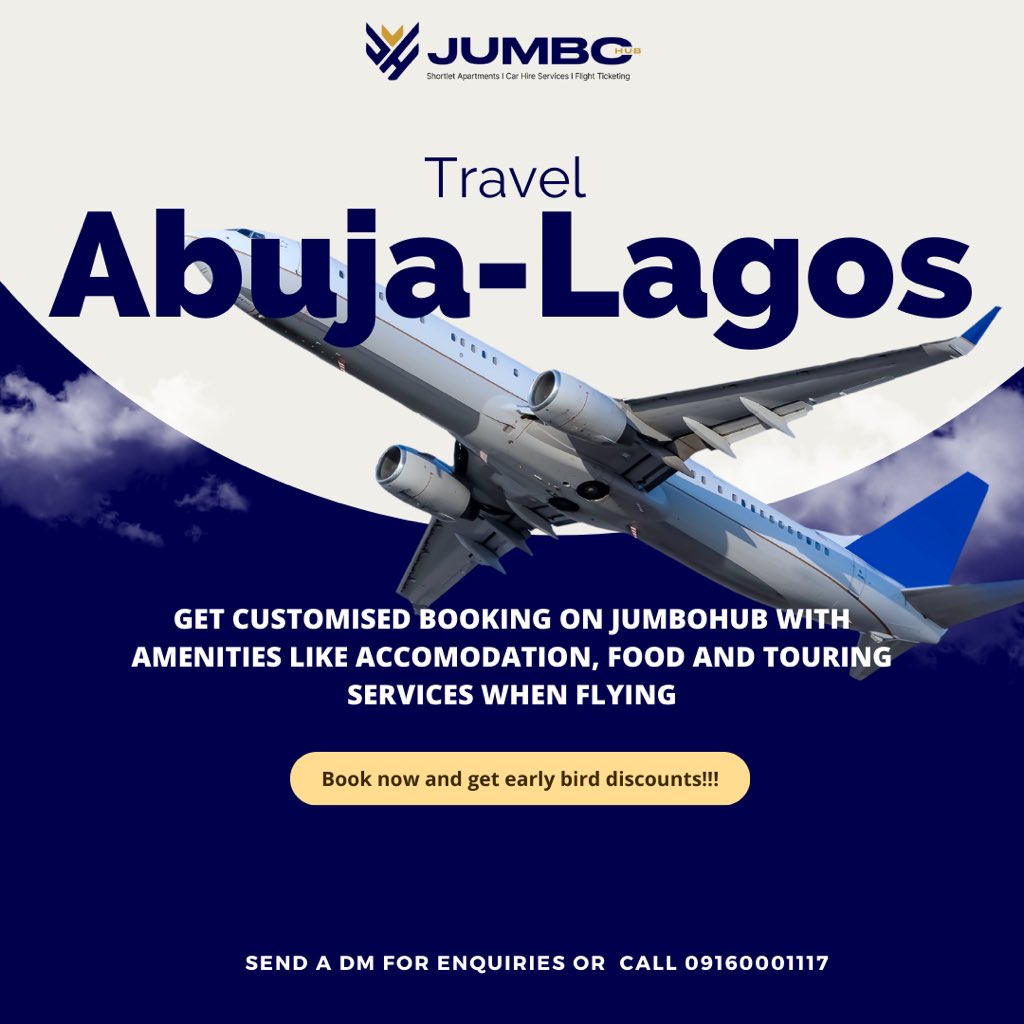 jumbo_hub's tweet photo. Coming to Abuja to Lagos new? Let's handle your flight, accommodation and car movement for the number of days you would be spending

Call 09160001117 for more information

#abuja #abujabusiness #flight #flightticket #travelling #carhire #luxury #luxury #luxuryhomes https://t.co/MblKmll8nv