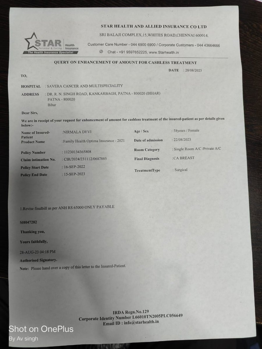 Ashutosh7One's tweet photo. @StarHealthIns For cashless treatment, breast cancer at tagged hospital total bill 1.8lakh. But only 65k approved. https://t.co/cLTFMVZvab