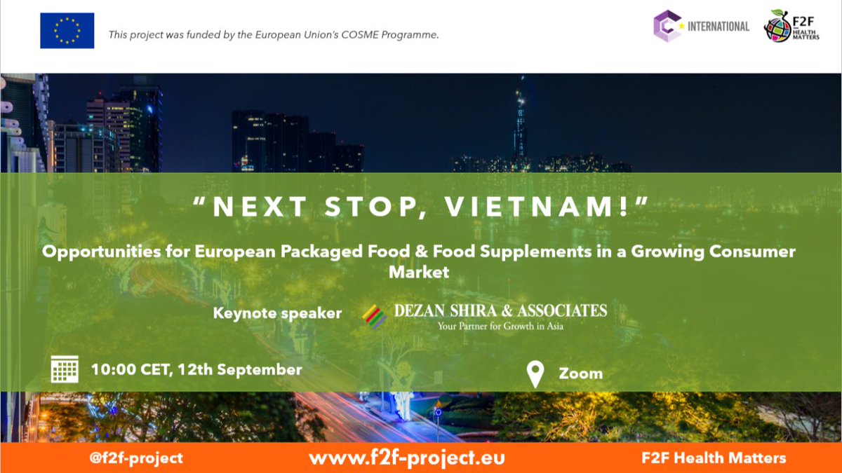 F2F Health Matters (@f2f_project) on Twitter photo 🍽️Hungry for information about 🇻🇳Vietnamese market? <a href="/f2f_project/">F2F Health Matters</a> prepared a webinar for you! 👩🍳 What is the menu? 🧾 Opportunities for European food & food supplements in this growing consumer market.
📆 12th September, 10.00 am CET, 💻online.
More info⬇️
f2f-project.eu/events/next-st… 🍽️Hungry for information about 🇻🇳Vietnamese market? <a href="/f2f_project/">F2F Health Matters</a> prepared a webinar for you! 👩🍳 What is the menu? 🧾 Opportunities for European food & food supplements in this growing consumer market.
📆 12th September, 10.00 am CET, 💻online.
More info⬇️
f2f-project.eu/events/next-st…