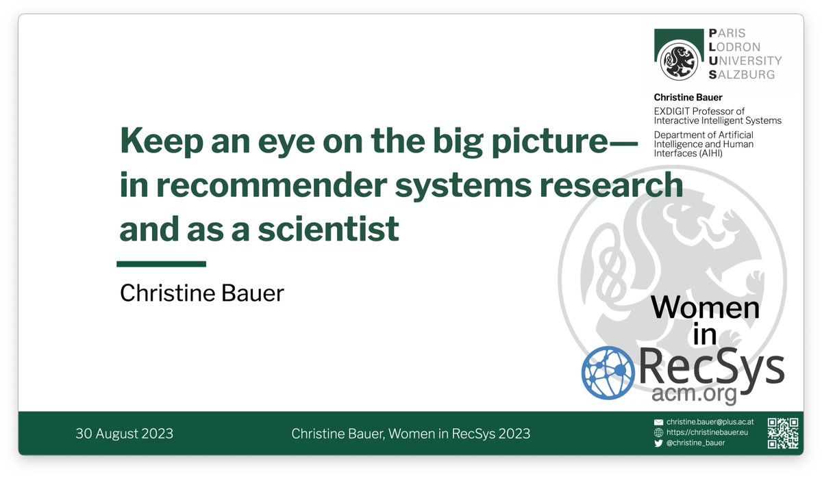 Short-notice announcement:
On Wed (30 Aug), 5-6pm CEST, I will give an online #talk at the #WomenInRecSys keynote series:

Keep an eye on the big picture—in recommender systems research and as a scientist

Everybody is welcome :)

More info: recsys.acm.org/recsys23/women…

#recsys2023