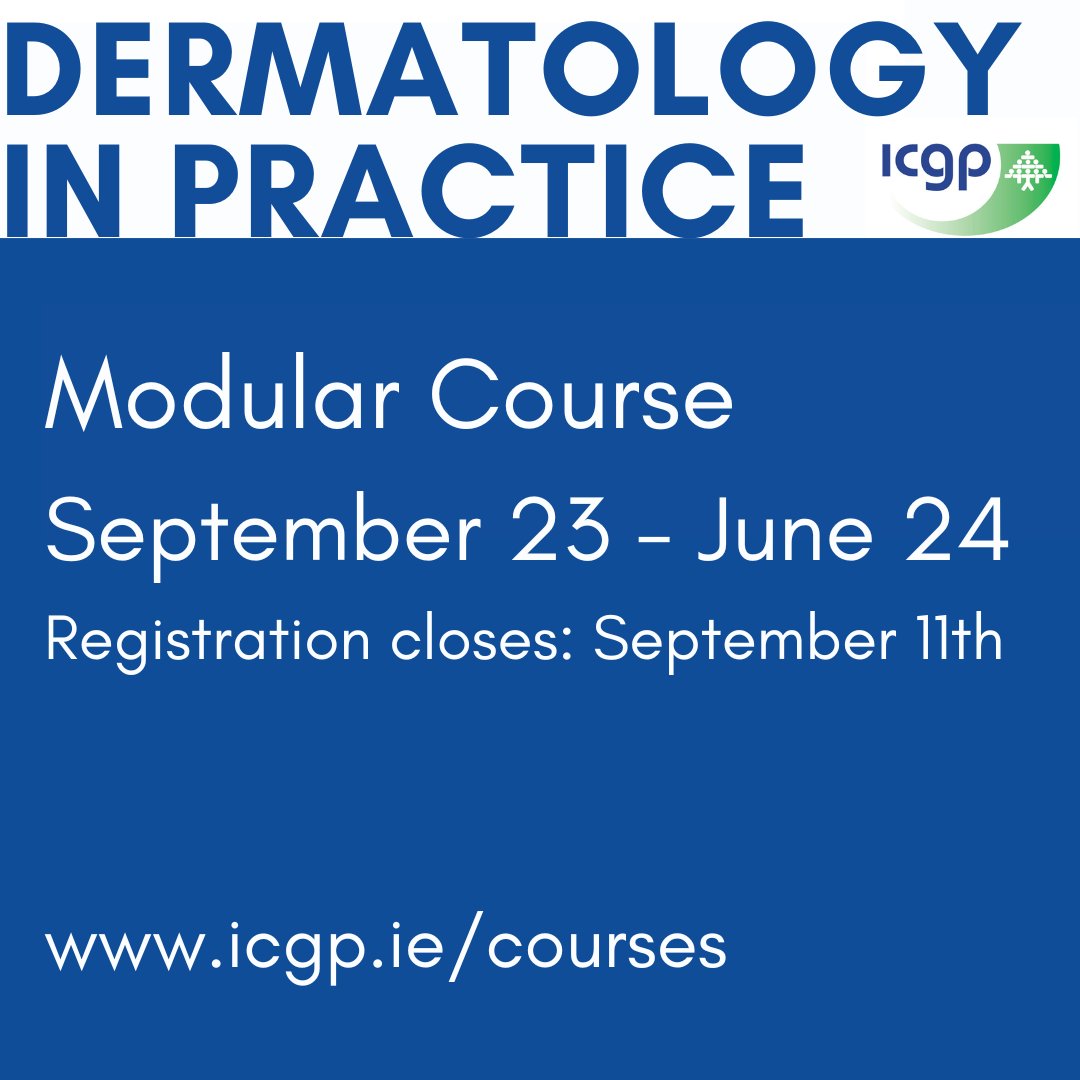 Registration for our “Dermatology in Practice” modular course closes Sept 11th. This comprehensive course gives GPs, trainees &amp; Practice Nurses greater understanding of common dermatological conditions. Sept '23 - June '24.
Learn more: bit.ly/3CAbQuH  
CPD, 0.5 GMS leave