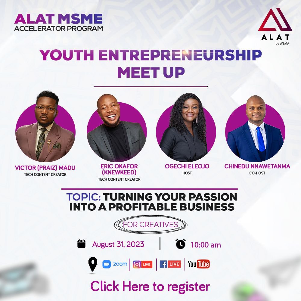 The Youth Entrepreneurship Meet up is here! A platform to Learn how to turn your creative passion into profitable business. 🗓️ Aug 31st 📝 Register: bit.ly/WemaYouthEntre… Follow @wemabank & @alat_ng Enjoy bespoke biz offers on 📊 My Business Account Signup on Alat 🌍…