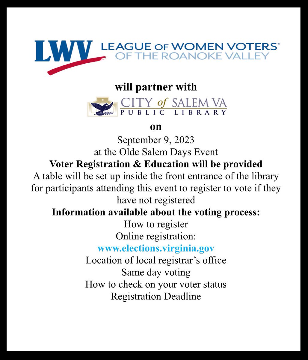 League of Women Voters-Roanoke Valley (@LeagueRoanoke) on Twitter photo 2023-08-28 11:55:17