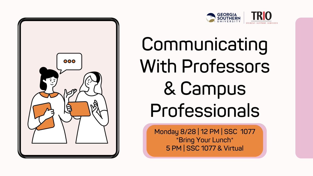 trioarmstrong's tweet image. Communication with Professors &amp;amp; Campus Professionals workshop!
Today at 12 PM in the Student Success Complex 1077!
Feel free to bring your own lunch. Light refreshments will be served.

Or join us virtually at 5pm! Check your email for the link to join!
#TRIOWorks #TRIOSSS