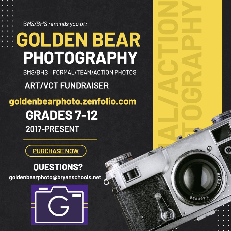 Did you know that Golden Bear Photography takes our sports photos including formal/team pics, as well as action photos from many Bryan sports contests? You can purchase any photos going back to 2017 at goldenbearphoto.zenfolio.com. Proceeds benefit the Art &amp; VCT programs at BMS/HS.