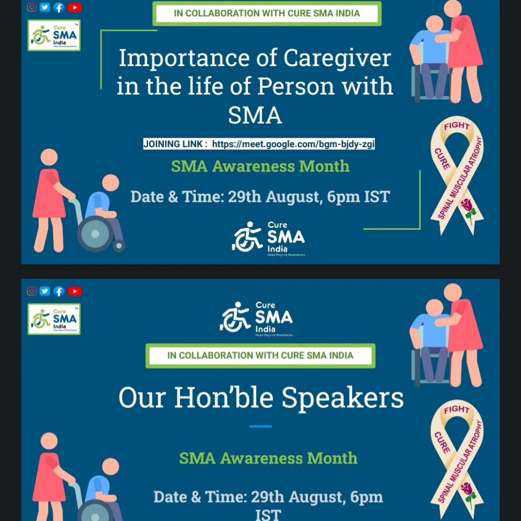 indianwheelgirl's tweet photo. JOINING LINK : https://t.co/0lltFZX56A
Importance of Caregiver 
in the life of a person with 
SMADate &amp; Time: 29th August, 6pm IST
Our Hon’ble Speakers-
Karan Shah
Rustom ‘Rusty’ Irani,
Shylendra Guptha
Alpana Sharma
@ncpedp_india @armanaly @goadisability @HaryanaRpwd @MSJEGOI https://t.co/hbLybe0TEu