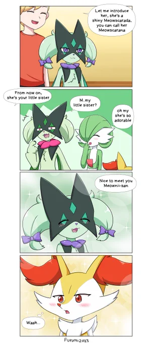 My ♂️ Meowscarada have new little sister. #テールナー #ポケモン #ポケモン絵描きさんと繋がりたい #マスカーニャ #サーナイト