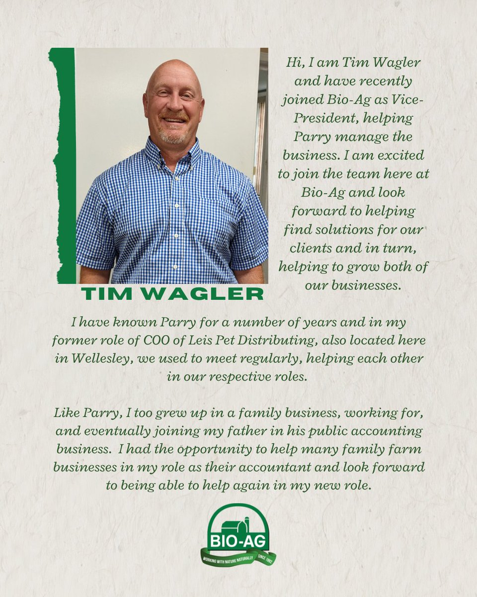 bio_ag's tweet image. 🎉 New Vice President on board! Get to know Tim by scrolling through the images 👉

We are excited for this addition to our team and have no doubt that Tim will help bring Bio-Ag AND our customers to the NEXT LEVEL! ⧡ 📈

#BioAg #OntAg #NaturalSolutions