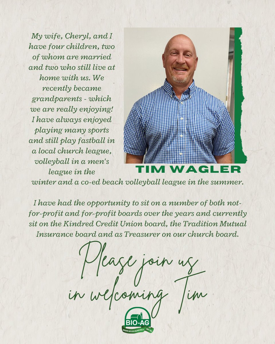 bio_ag's tweet image. 🎉 New Vice President on board! Get to know Tim by scrolling through the images 👉

We are excited for this addition to our team and have no doubt that Tim will help bring Bio-Ag AND our customers to the NEXT LEVEL! ⧡ 📈

#BioAg #OntAg #NaturalSolutions