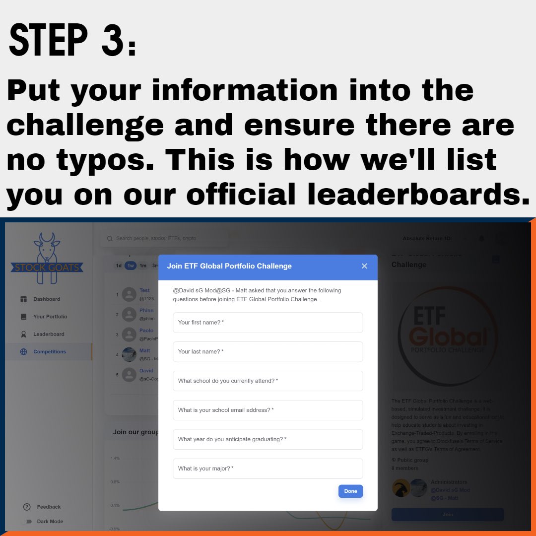 EtfChallenge's tweet photo. How to register for the ETF Portfolio Challenge (🧵 1/3) These steps get you Logged in and registered for StockGOATS‼️📈 #etfwizards #etfs https://t.co/kb1JcQ3kH4