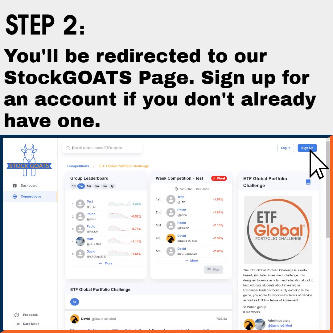 EtfChallenge's tweet photo. How to register for the ETF Portfolio Challenge (🧵 1/3) These steps get you Logged in and registered for StockGOATS‼️📈 #etfwizards #etfs https://t.co/kb1JcQ3kH4